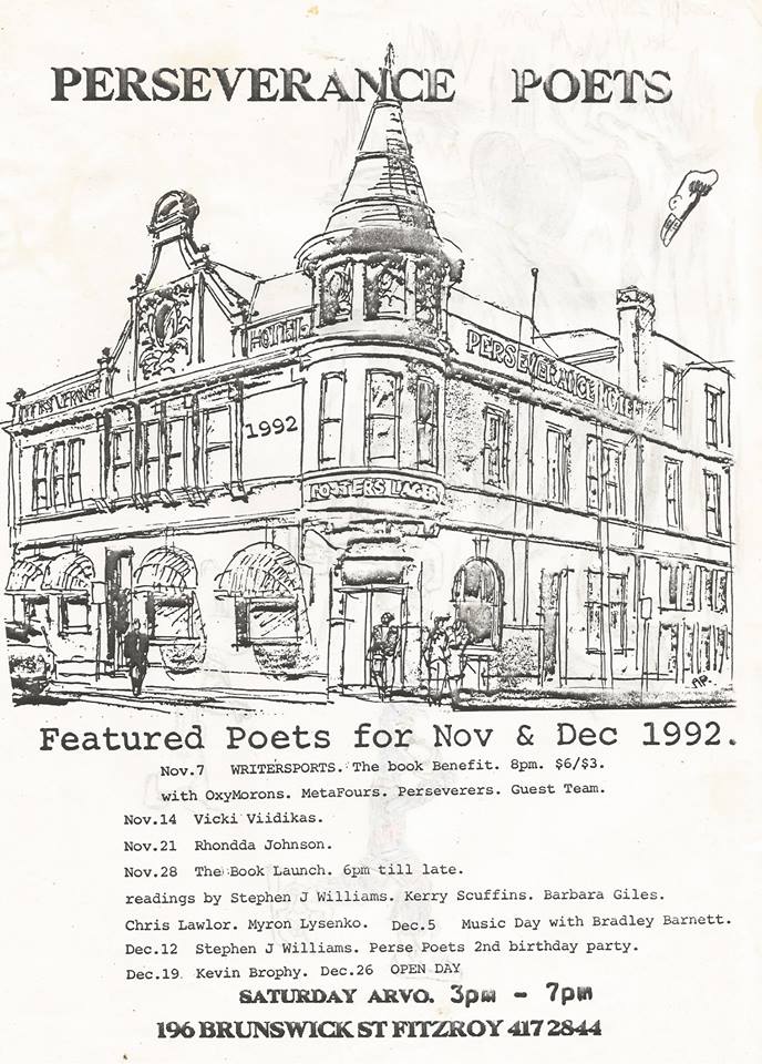 Flyer for Perseverance Poets readings, 1992.