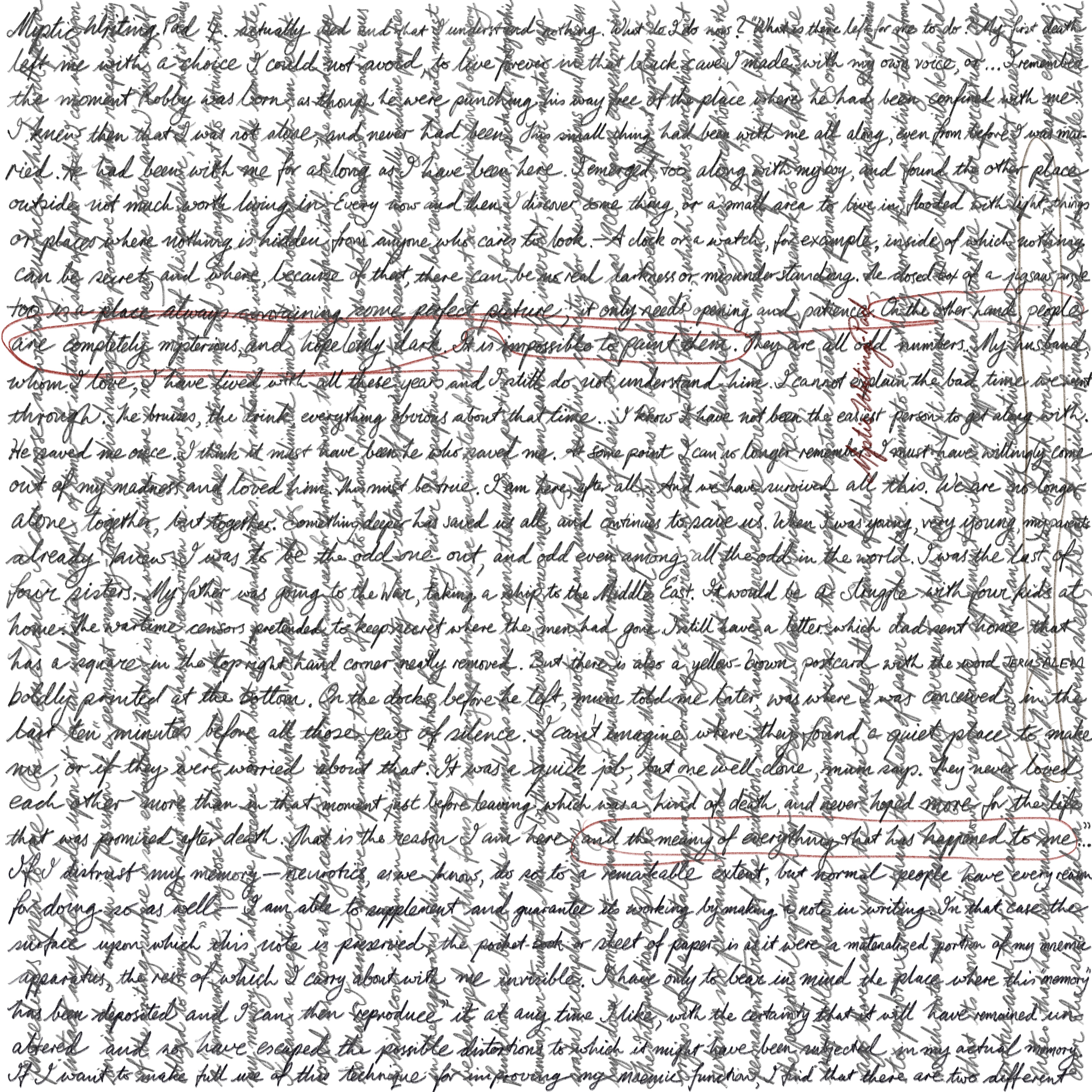 Mystic writing pad 4 [drawing, 297mm x 297mm] incorporates ‘Since Jerusalem’ by Stephen J. Williams; and Sigmund Freud’s ‘A note upon the Mystic Writing Pad’ (1925).