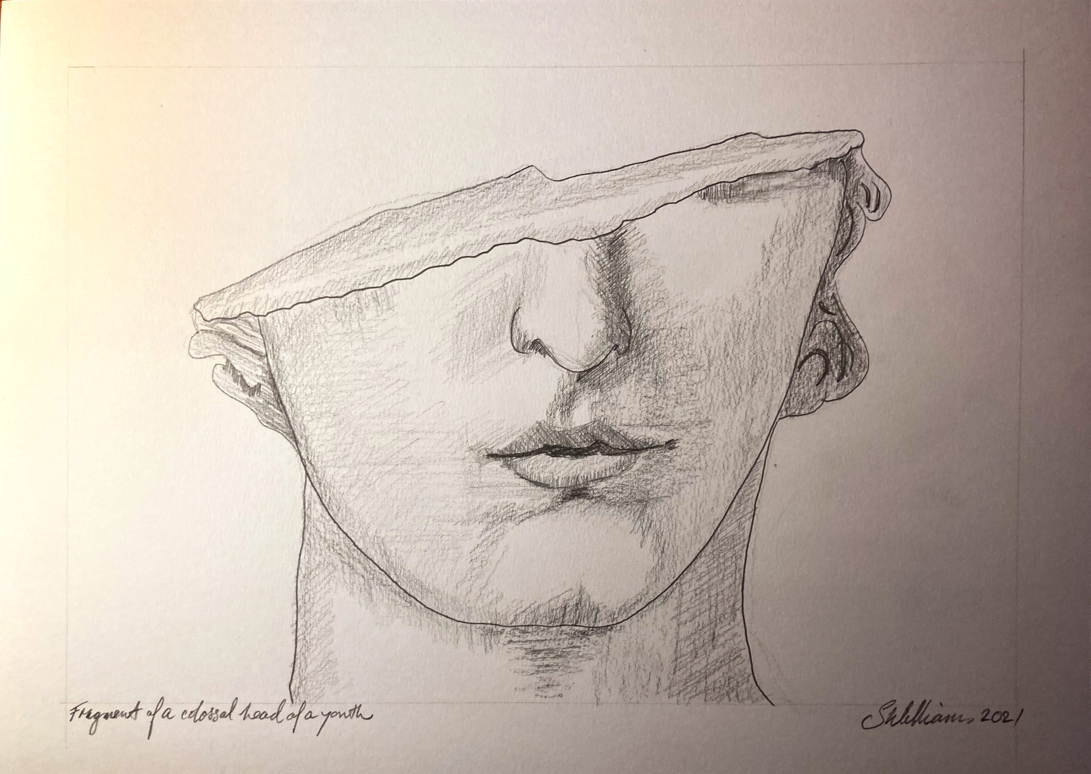 Fragment of a colossal head of a youth (drawing, 2021) Stephen J Williams