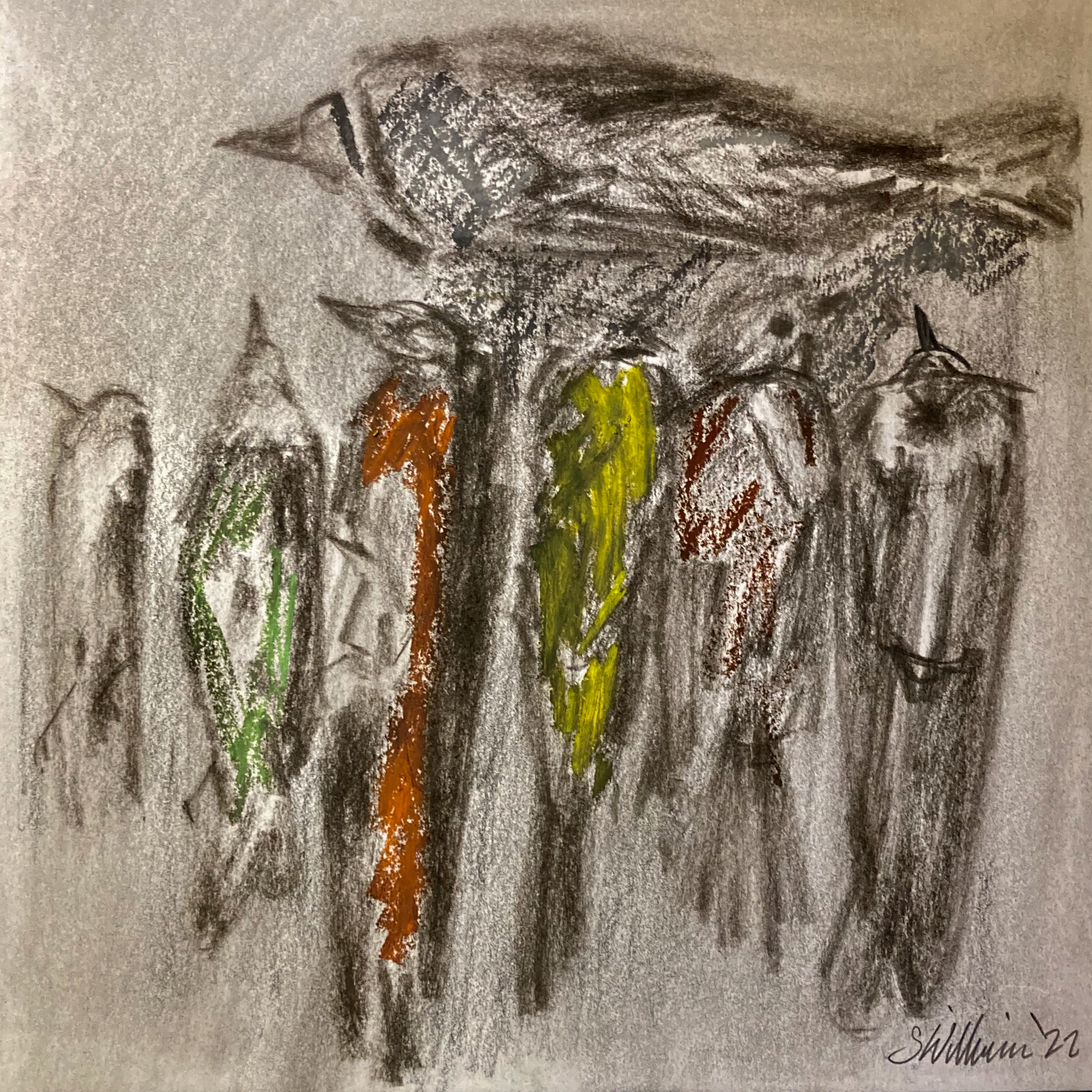 Seven dead birds (charcoal and oil pastel, 20220315) Stephen J. Williams