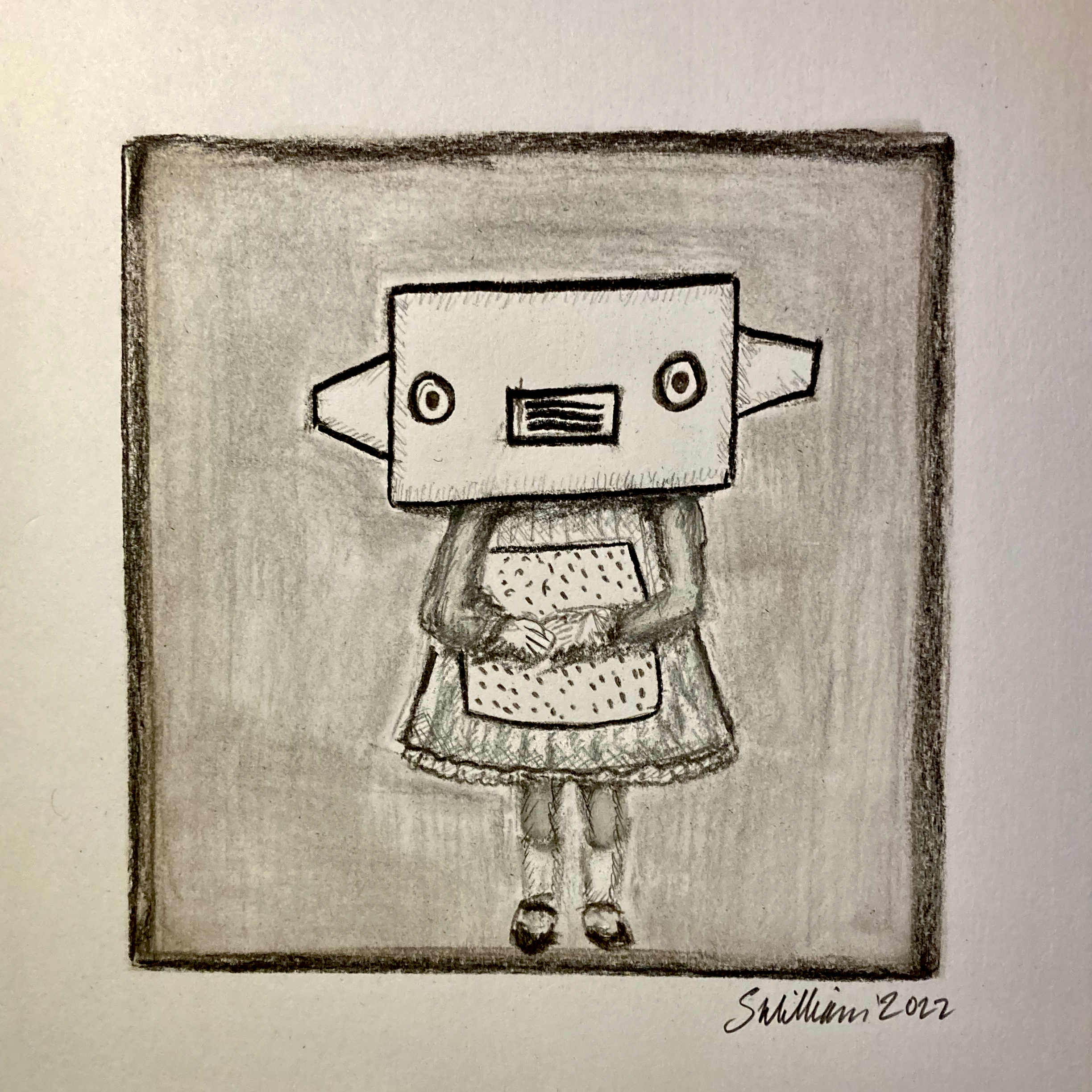 Young girl pretending to be a robot (charcoal and pencil, 20220322) Stephen J. Williams