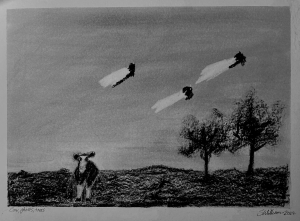 Cow, ghosts, trees (charcoal, 20220407) Stephen J. Williams