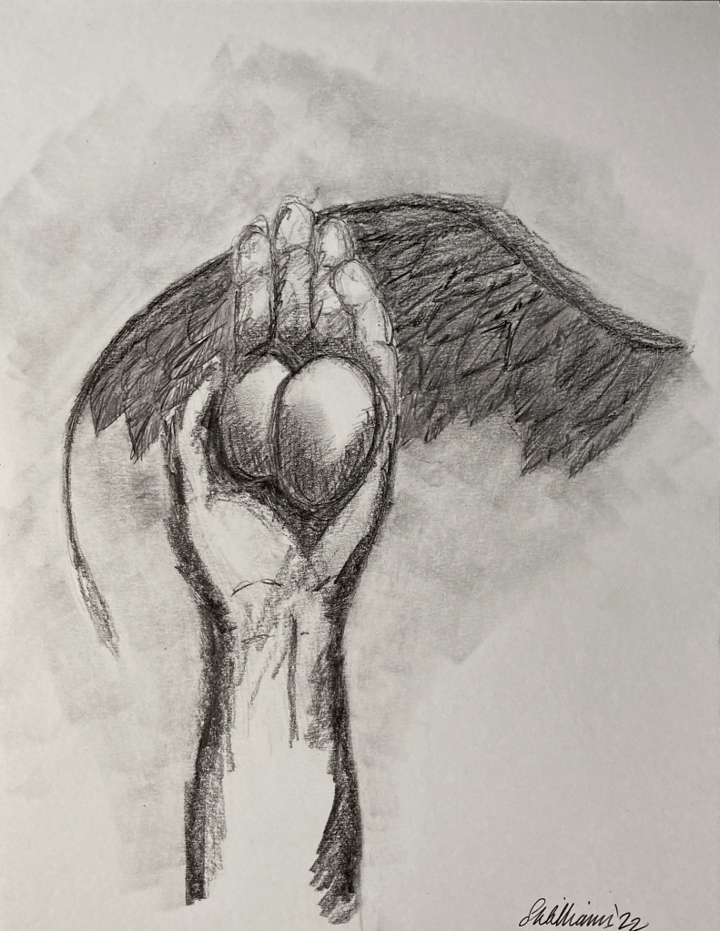 Holding two eggs (pencil, 20220420) Stephen J. Williams