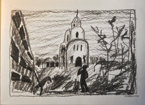 Scene in Mariupol broadcast on YouTube 1 (charcoal, 20220408) Stephen J. Williams
