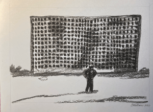 Scene in Mariupol broadcast on YouTube 3 (charcoal, 20220408) Stephen J. Williams