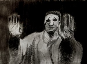 Blinded artisan in Andrei Rublev (pencils and washes, 20220528) Stephen J. Williams