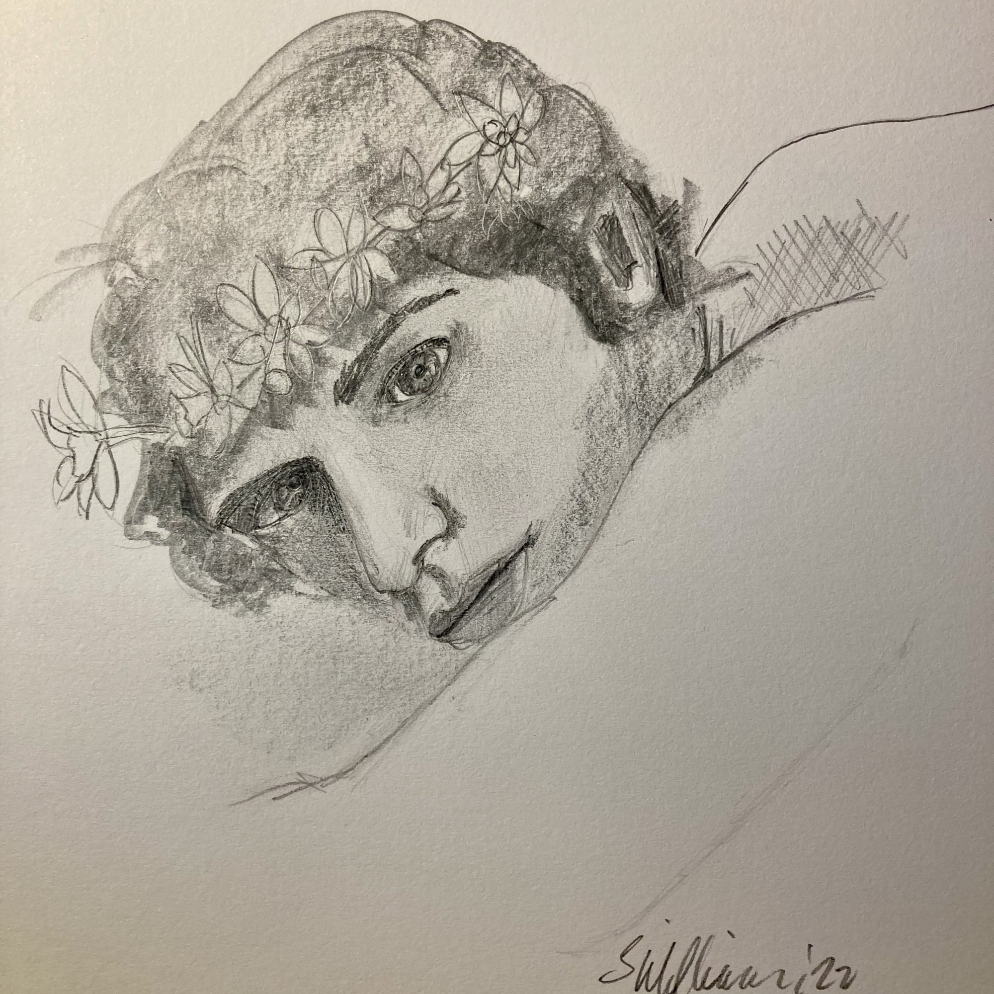 Boy wearing garland of daffodils (pencil, 20220515) Stephen J. Williams