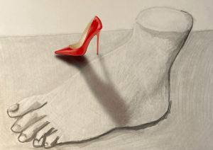 The big foot and the Jimmy Choo (pencil and digital collage, 20220503) Stephen J. Williams