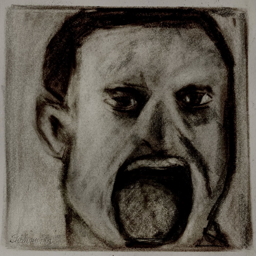 Shouting and pointing II (charcoal and chalk, 20220802) Stephen J. Williams