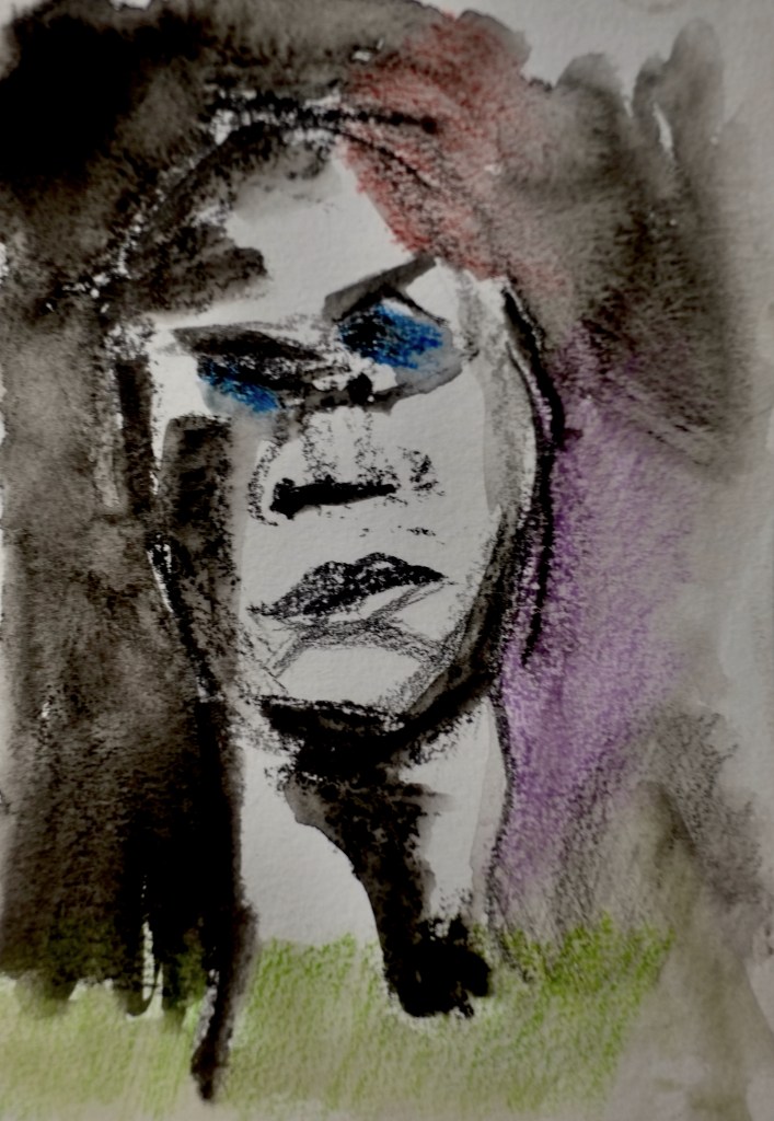 Purple and green head (watercolor and charcoal, 20220926) Stephen J. Williams