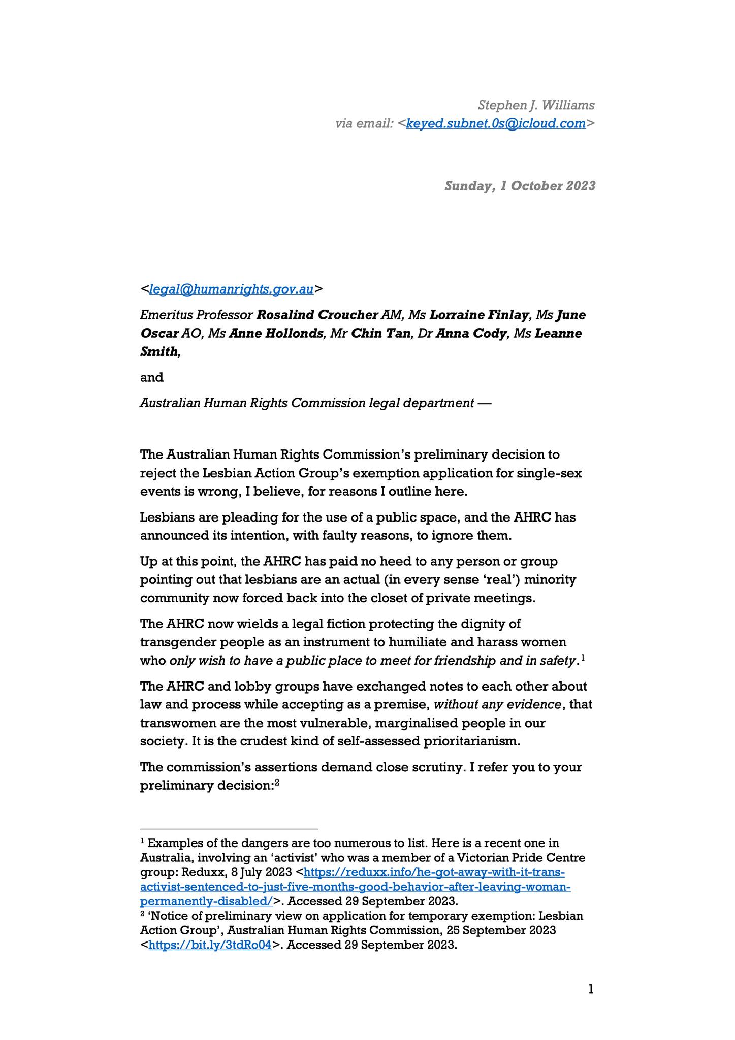 Letter to the Australian Human Rights Commission – Stephen J. Williams