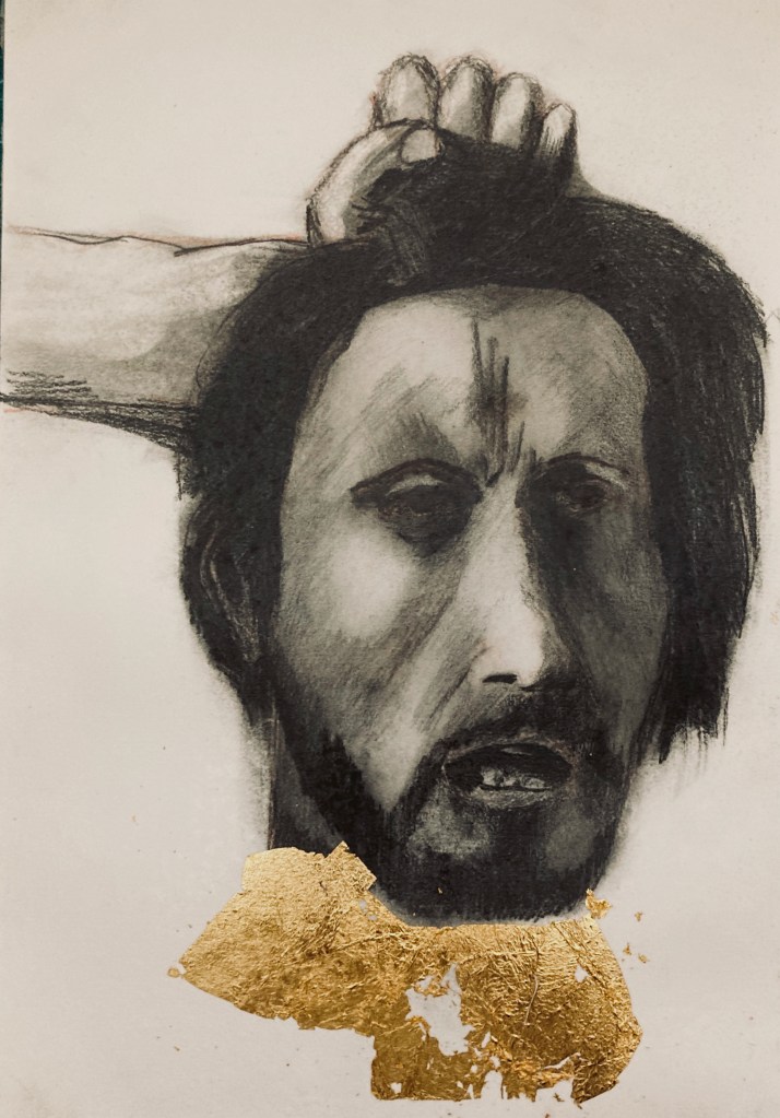 M is dead: golden blood poured from his head (pencil and gold, 2024) Stephen J. Williams